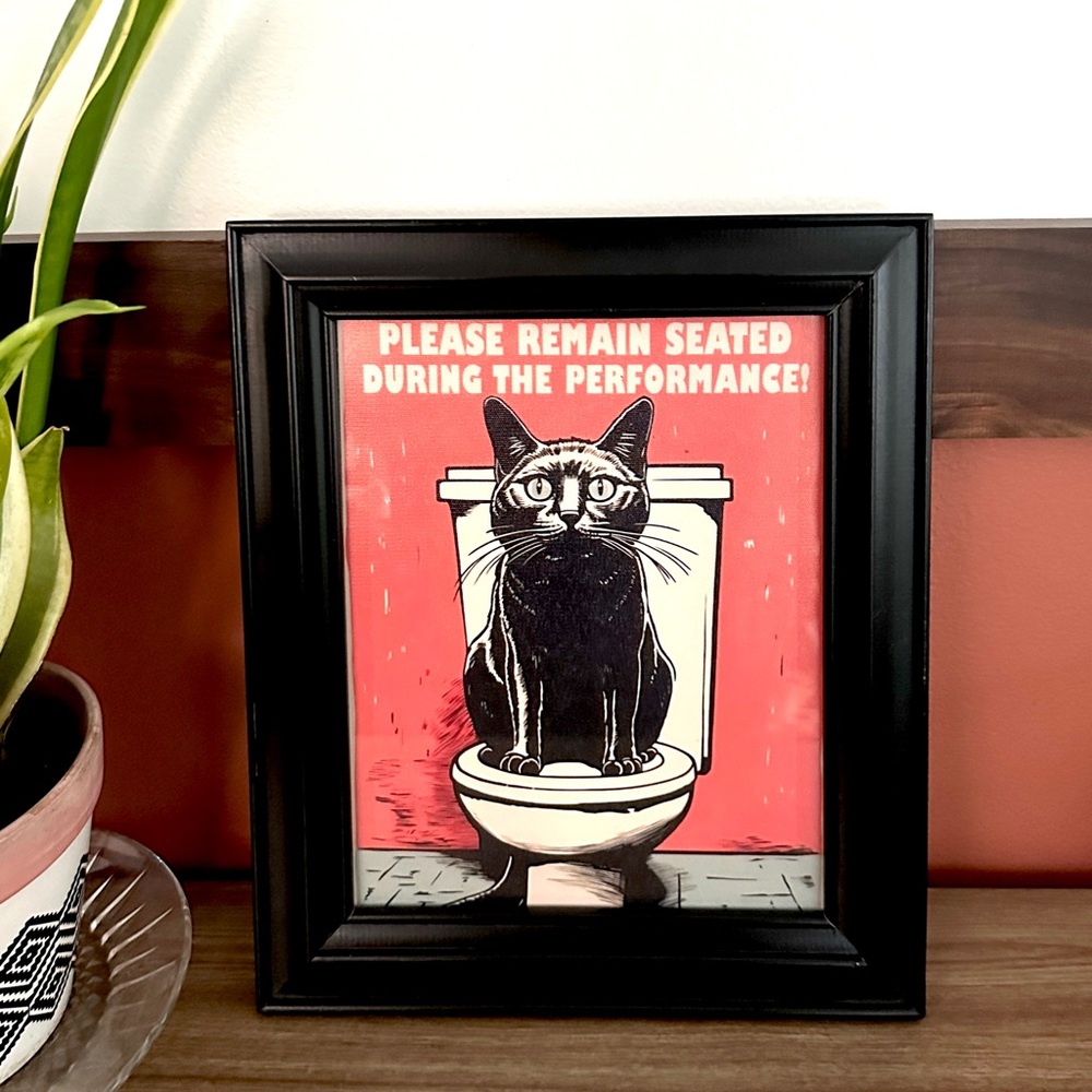 Black Cat Remain Seated During the Performance Bathroom Art Canvas Print Framed